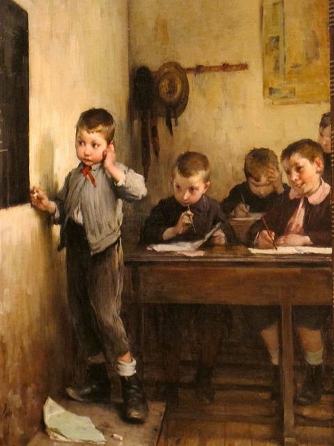 une peinture de jean geoffroy des jeunes écoliers, intitulé l'écolier embarrassé