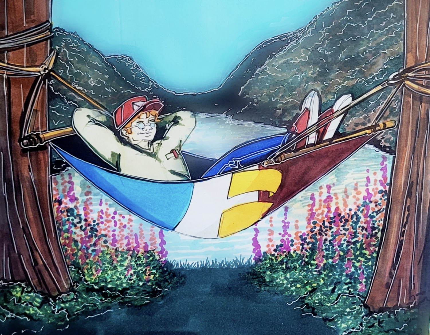 Le héros, le gaboteur, s'allonge sur le drapeau de la francophonie de Terre-Neuve-et-Labrador qui est attaché aux arbres comme un hamac. Il fait beau, il y a de l'eau à l'arrière-plan et des fleurs violettes sur de l'herbe verte au premier plan. 